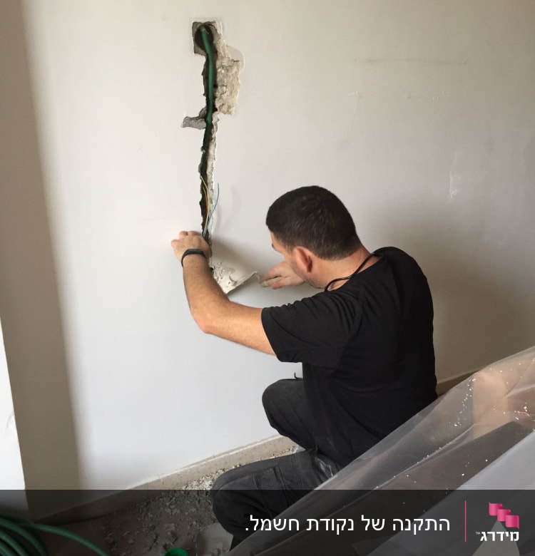 חשמלאי עובד על חוטים בקיר פתוח